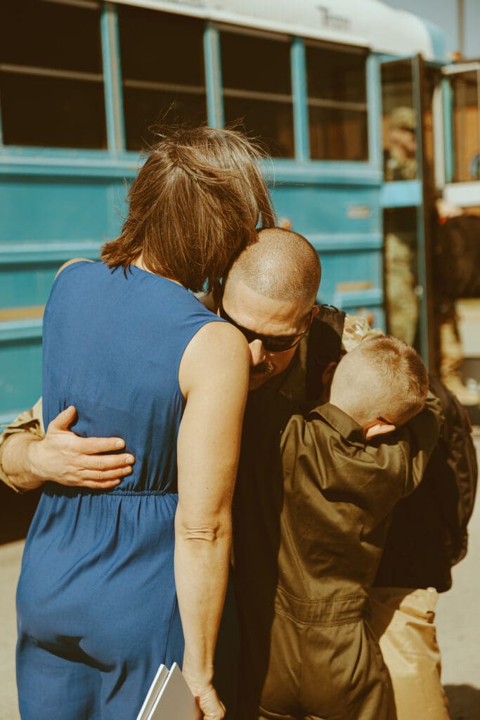 Heartfelt reunion for a family at Dyess Air Force Base during a Military Homecoming in Abilene, TX