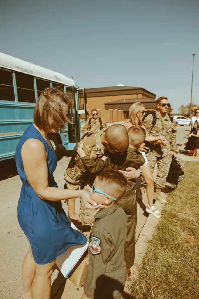 Heartfelt reunion for a family at Dyess Air Force Base during a Military Homecoming in Abilene, TX