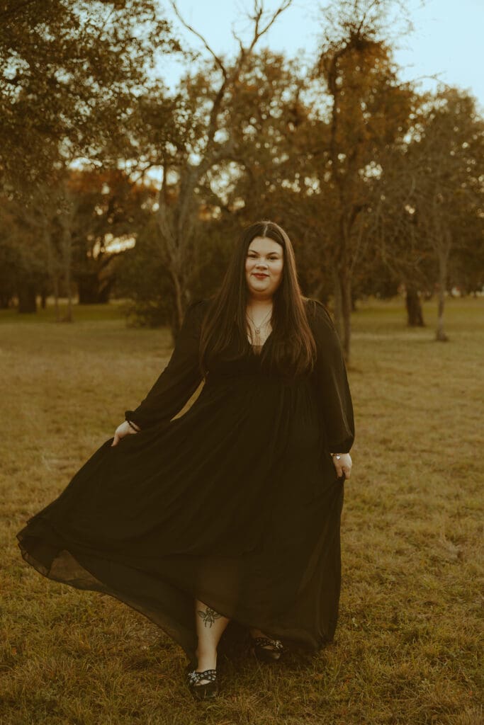 Fun and whimsical portrait golden hour session in a field in Buffalo Gap, TX