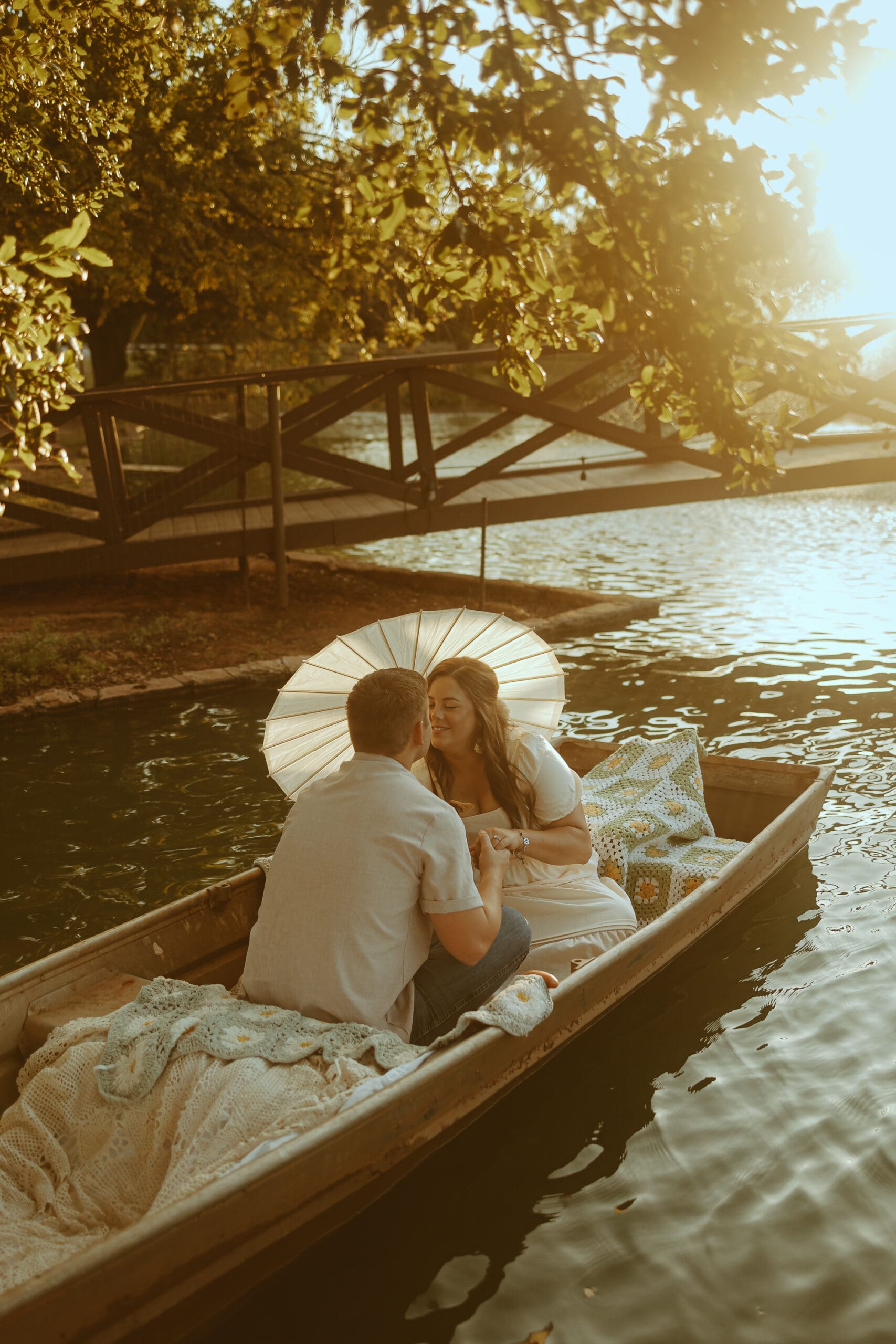 Romantic golden hour couples session in a boat at A Walk To Remember At The Parks Place in Abilene, TX