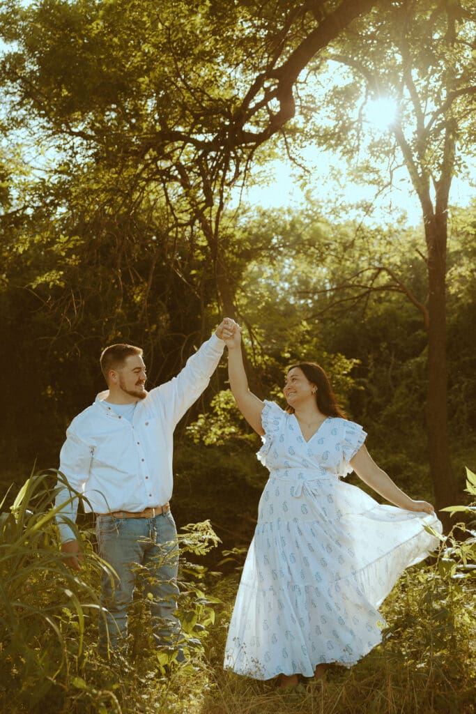 Romantic engagement session by a creek in Abilene, TX