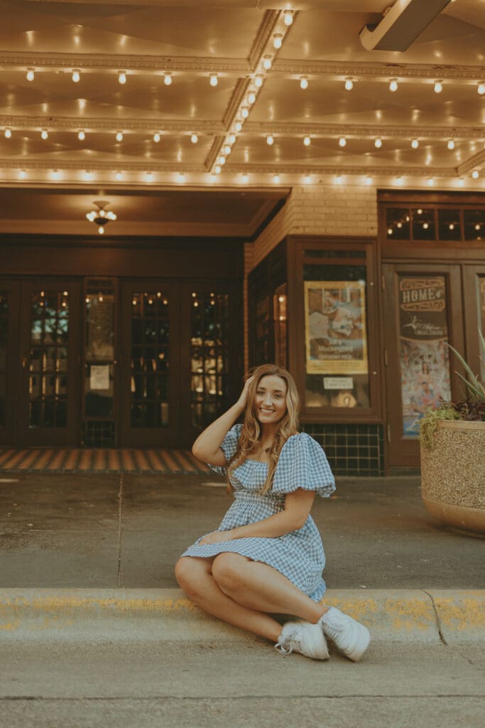 Downtown whimsical senior session at The Paramount in Abilene, TX