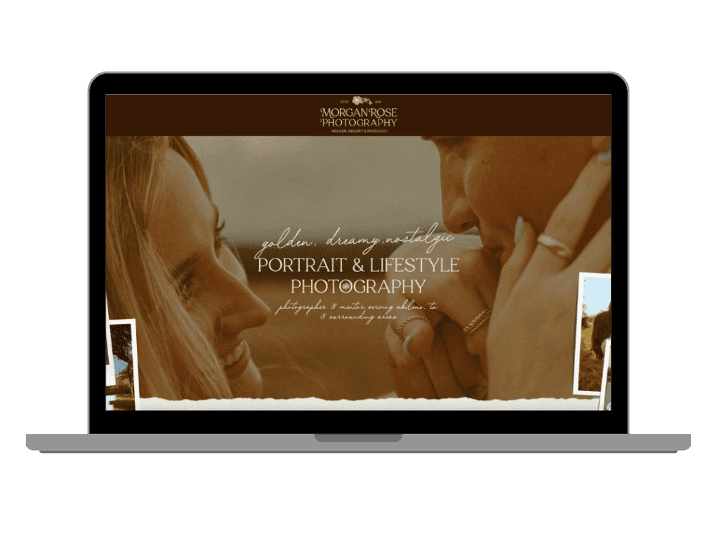 Laptop mockup displaying the Morgan Rose Photography website, showcasing cohesive branding, intentional website design, and a warm nostalgic photography experience for clients and photographers in Abilene, Texas.