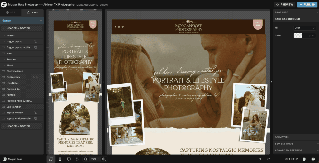 Showit dashboard screenshot showing a photography website homepage being customized with the drag-and-drop website builder, highlighting website design flexibility for photographers.